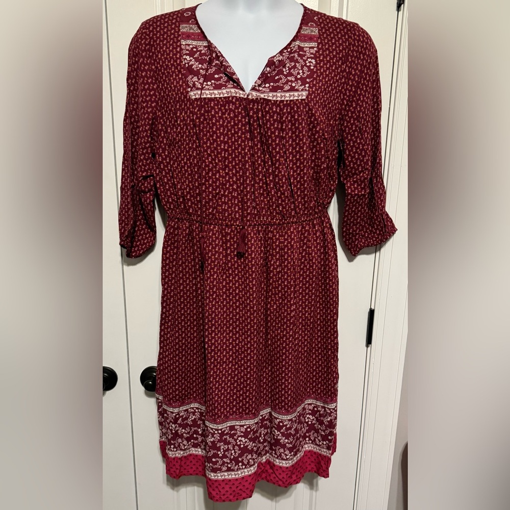 NWT Old Navy Burgundy Peasant Dress w/ Elastic Waist , Tie Neck & 3/4 Sleeve 1X